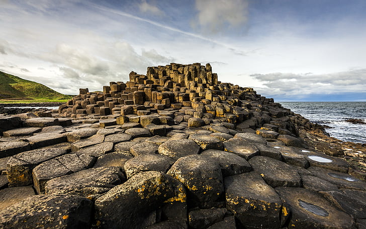pemandangan, Irlandia, Giant's Causeway, formasi batuan, alam, batuan, pantai, laut, awan, Wallpaper HD