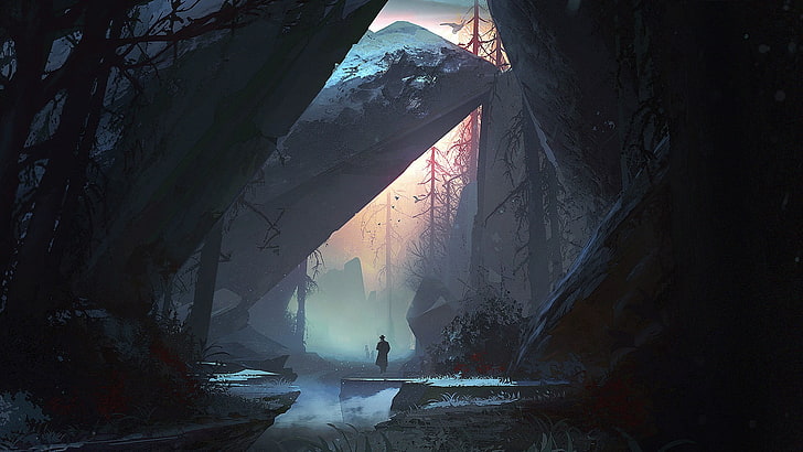 la persona camina bajo rocas, arte de fantasía, agua, árboles, niebla, amanecer, paisaje, Fondo de pantalla HD