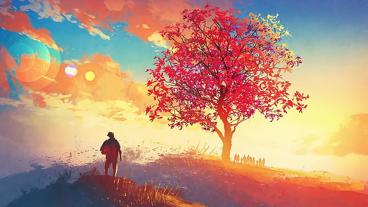 красное лиственное дерево, люди возле дерева, картина, осень, деревья, люди, картина, HD обои