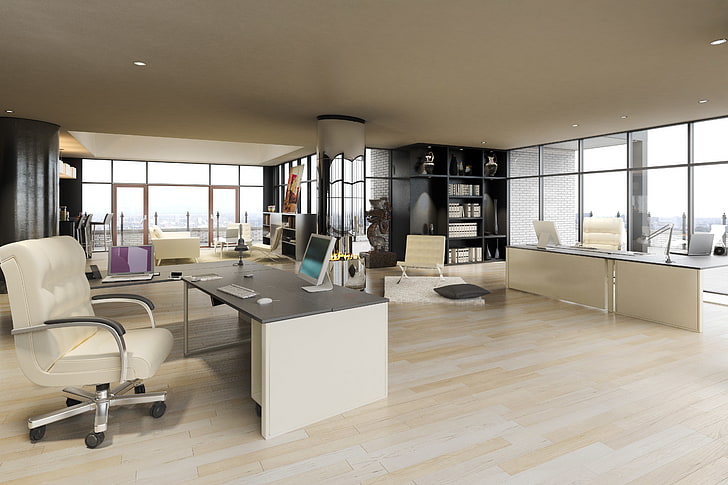 белый деревянный стол, интерьер, офис, пентхаус, коттедж, рабочий стол, HD обои