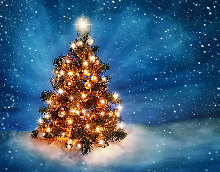 green lighted holiday tree wallpaper, ice, light, snow, decoration, lights, tree, New year, on the street, outside, christmas tree, Merry Christmas, balls of light, light balls, HD wallpaper