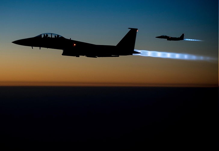 طائرة ، F 15 Eagle ، طائرة مقاتلة ، طائرات عسكرية ، ليلية ، صورة ظلية، خلفية HD