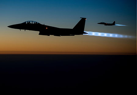طائرة ، F 15 Eagle ، طائرة مقاتلة ، طائرات عسكرية ، ليلية ، صورة ظلية، خلفية HD HD wallpaper