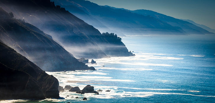 ondas de água e montanha, paisagem, natureza, névoa, mar, montanhas, costa, rochas, Califórnia, HD papel de parede