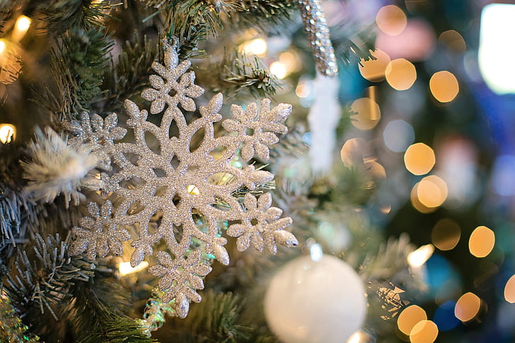 christmas, december, holiday, ornament, snowflake, tree, winter, x-mas, HD wallpaper