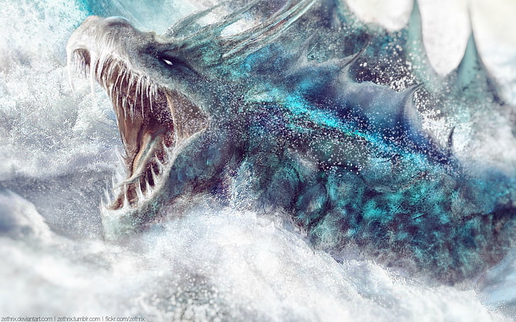 fantasy art, sea monsters, cyan, creature, fangs, water, splashes, white, waves, HD wallpaper