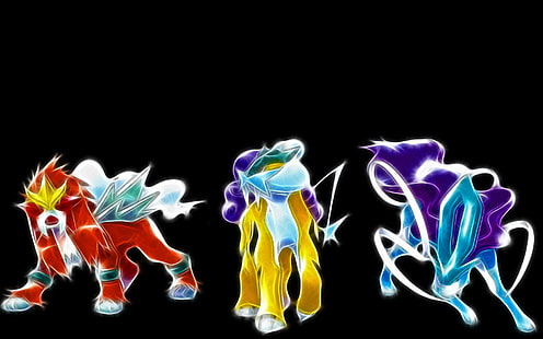 رسوم متحركة للحيوانات ذات 4 أرجل باللون الأحمر والأصفر والأزرق ، بوكيمون ، إنتي (بوكيمون) ، بوكيمون أسطوري ، رايكو (بوكيمون) ، سويكون (بوكيمون)، خلفية HD HD wallpaper