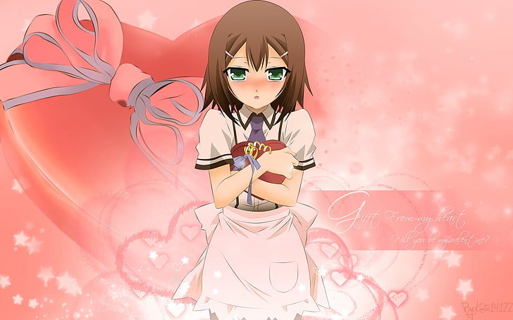 female anime character wallpaper, girl, baka test to shoukanjuu, brunette, gift, heart, eyes, HD wallpaper