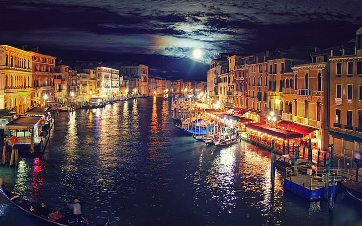 Большой канал, Венеция, канал, гондолы, городской пейзаж, огни, Луна, Венеция, Италия, HD обои