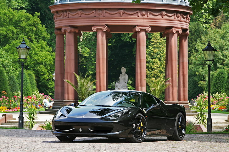 Ferarri 458 italia black, black sports car, Ferrari, 458 italia, black, Italy, front, reflection, lights, columns, HD wallpaper