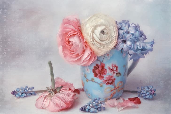 flowers, petals, art, mug, Muscari, buttercups, hyacinths, Ranunculus, HD wallpaper