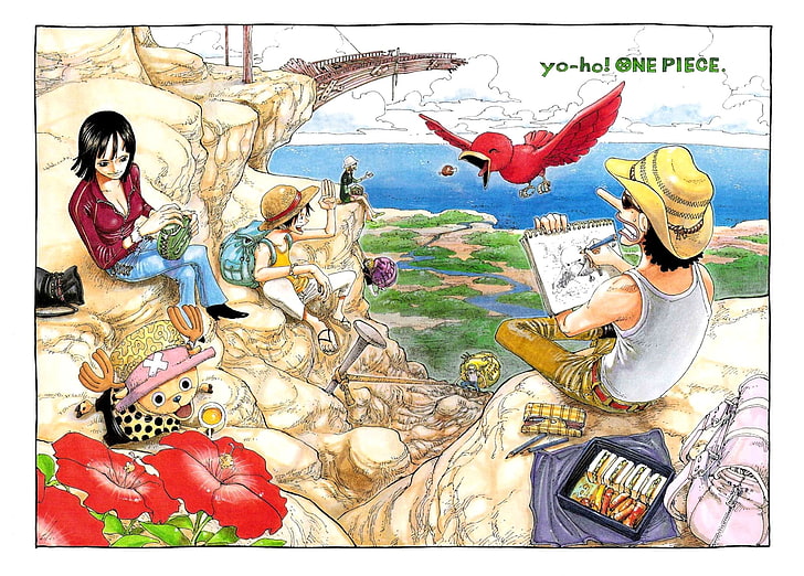 Цифров тапет от едно парче, One Piece, Usopp, Нико Робин, Тони Тони Чопър, Monkey D. Luffy, цветя, Ророноа Зоро, аниме, HD тапет