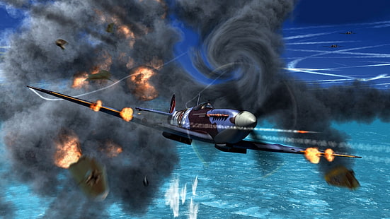 วอลล์เปเปอร์เครื่องบินสีดำและสีเทาท้องฟ้าการระเบิดไฟควันรูปเครื่องบินรบศิลปะภาพอังกฤษอุตลุด WW2 