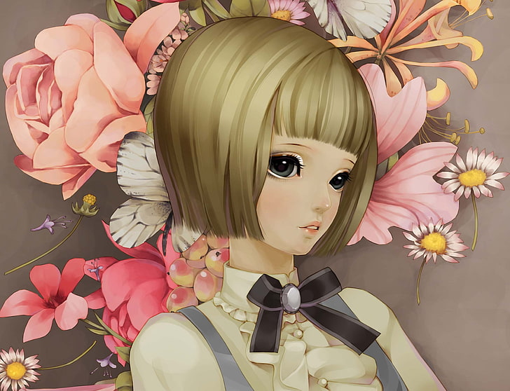 fondo de pantalla de anime femenino de pelo marrón, niña, flores, cara, mariposa, manzanilla, arte, peonías, dong xiao, Fondo de pantalla HD