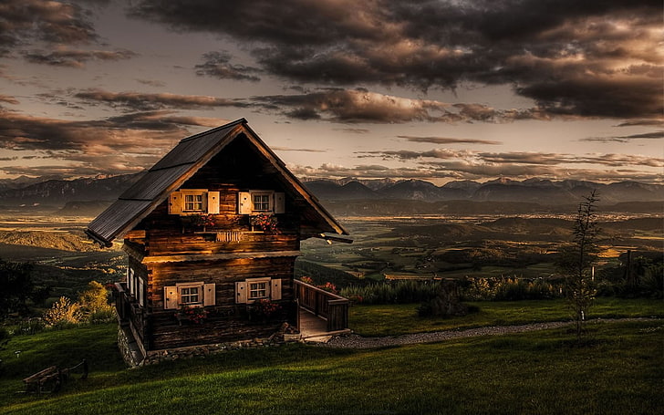 casa de madeira marrom, paisagem, HDR, casa, nuvens, céu, magdalensberg, HD papel de parede
