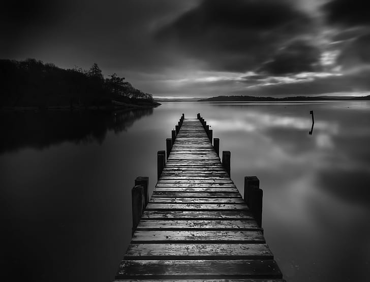 grayscale photography of sea dock, loch lomond, loch lomond, Loch Lomond, Jetty, explored, grayscale, photography, sea, dock, monochrome, Scotland, Highlands, Long exposure, Calm, lake, Water, atmosphere, blackandwhite, bw, nature, wood - Material, pier, outdoors, HD wallpaper