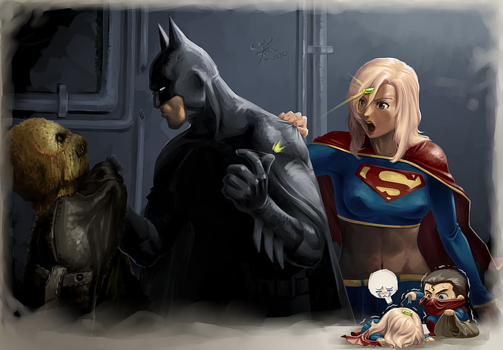 DC Batman och Supergirl illustration, Batman illustration, Batman, Superman, Superwoman, DC Comics, Supergirl, superhjälte, digital konst, kryptonit, Fågelskrämma (karaktär), HD tapet