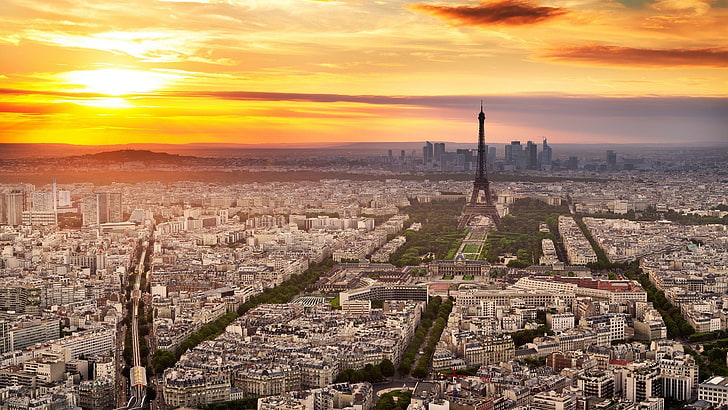 都市、都市の景観、フランス、パリ、エッフェル塔、日没、 HDデスクトップの壁紙