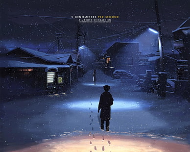 5 centimetri al secondo sfondo, Makoto Shinkai, 5 centimetri al secondo, impronte, inverno, neve, lampione, notte, anime, Sfondo HD HD wallpaper