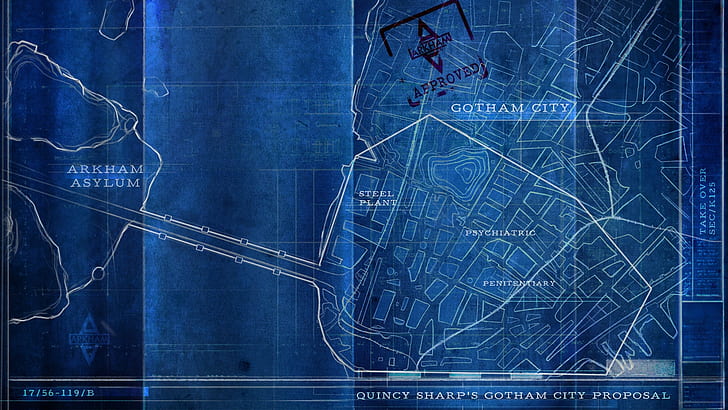 Gotham City Blueprint Blue Batman Batman: Arkham City HD, videospel, blå, batman, city, arkham, gotham, blueprint, HD tapet
