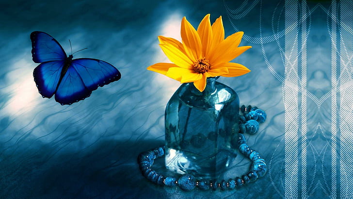 Butterfly Special, yellow flower and blue butterfly painting, photoshop, friendship, flower, blue, beautiful, butterfly, cute, woman, 3d and abstract, HD wallpaper