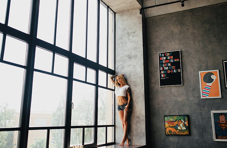 women, belly, tattoo, jean shorts, window, door, pierced navel, blonde, wall, barefoot, HD wallpaper