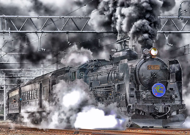 clouds, hdr, japan, locomotive, outside, railroad, royalty, sky, smoke, steam, tracks, train, HD wallpaper