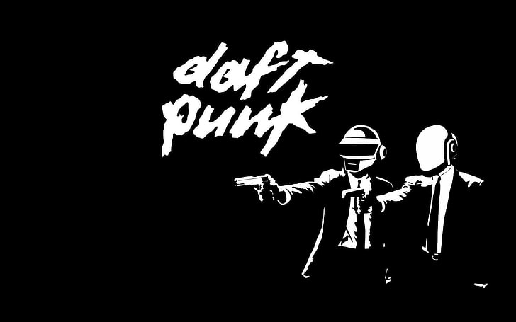 black and white illustration of man, Daft Punk, Pulp Fiction, typography, artwork, music, minimalism, monochrome, HD wallpaper