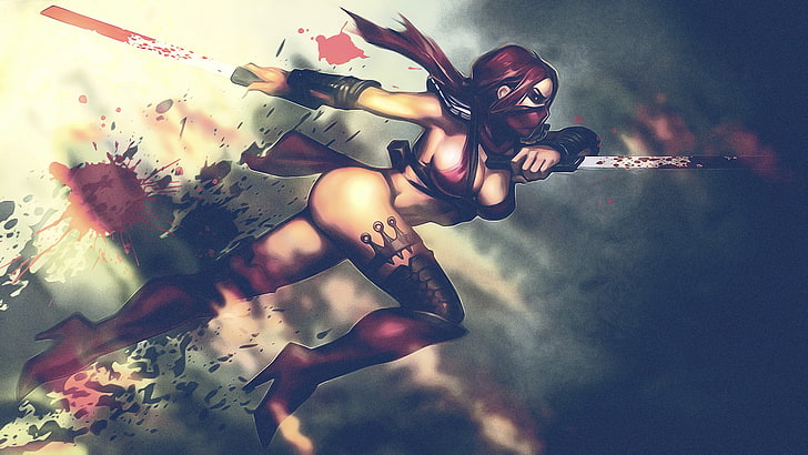 female character red hair and holding swords illustration, girl, blood, warrior, mask, legs, swords, killer, Mortal Kombat, HD wallpaper