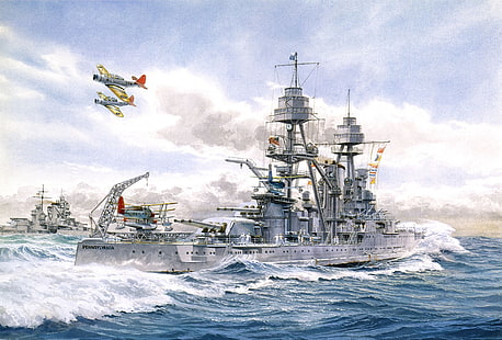 Ilustración de acorazado gris, mar, ola, el cielo, barcos, aviones, acorazados, EE. UU., `` PA '', La Segunda Guerra Mundial., Fondo de pantalla HD HD wallpaper