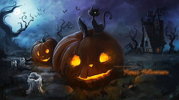 Halloween, calabaza, arte de fantasía, ojos brillantes, velas, gato, escalofriante, noche, Luna, Fondo de pantalla HD