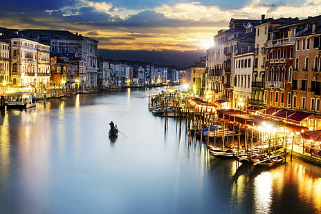 канал Гранде, гондола, италия, свет, венеция, венеция, HD обои HD wallpaper