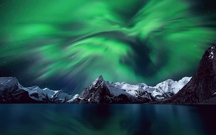 aurora borealis, bintang, ruang, planet, gunung, puncak bersalju, awan, aurora, refleksi, alam, danau, Wallpaper HD
