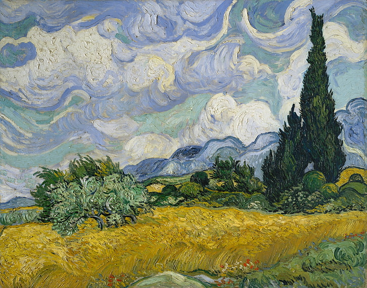 trees and grasses painting, vincent van gogh, wheat field with cypresses, wheat fields, oil, canvas, HD wallpaper