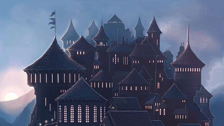 illustrazione marrone e blu del castello, città di fantasia, arte di fantasia, Sfondo HD