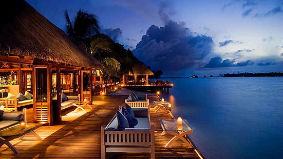 luksus, wyspa, Malediwy, Rangali, kurort, wyspa Rangali, Conrad, wakacje, wieczór, lato, Tapety HD HD wallpaper