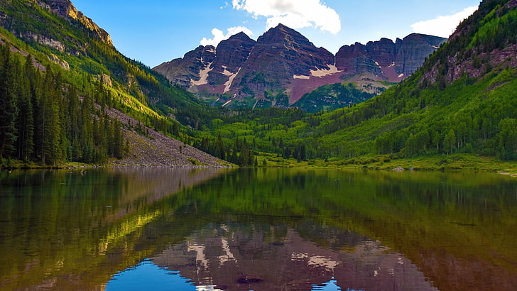 green trees, nature, maroon bells, color correction, Colorado, lake, mountains, HD wallpaper