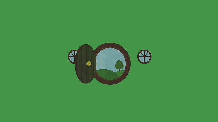 geöffnetes Fenster digitale Tapete, der Herr der Ringe, der Hobbit, Minimalismus, Bag End, grüner Hintergrund, HD-Hintergrundbild
