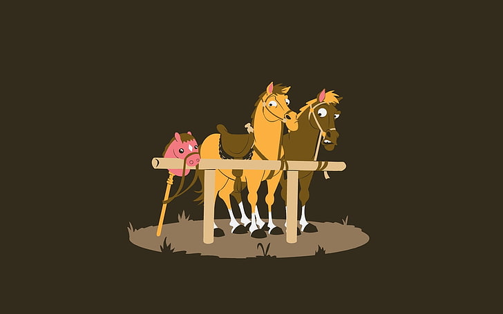 tres imágenes prediseñadas de caballo, humor, simple, minimalismo, caballo, juguetes, fondo marrón, animales, arte digital, Fondo de pantalla HD