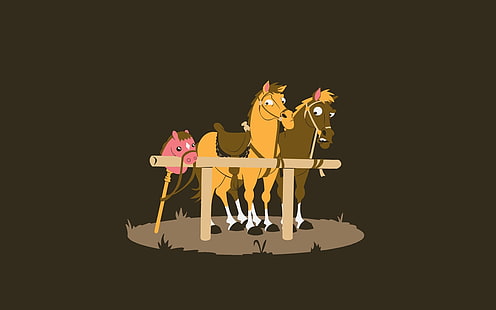 tres imágenes prediseñadas de caballo, humor, simple, minimalismo, caballo, juguetes, fondo marrón, animales, arte digital, Fondo de pantalla HD HD wallpaper