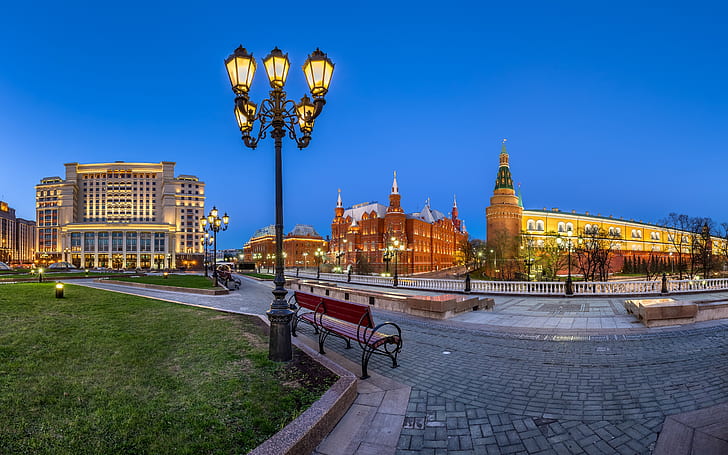 Manezh Square, Moscou, Russie, Kremlin, lumières, nuit, Manezh, Square, Moscou, Russie, Kremlin, lumières, nuit, Fond d'écran HD