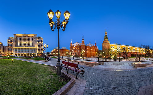 Manezh Square, Moscow, Russia, Kremlin, lights, night, Manezh, Square, Moscow, Russia, Kremlin, Lights, Night, HD wallpaper HD wallpaper