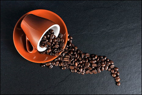 Pires e xícara de cerâmica vermelha, café, comida, bebida, HD papel de parede HD wallpaper