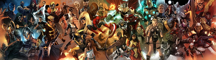 Papel de parede de Heróis da Marvel, monitores duplos, tela múltipla, Marvel Comics, histórias em quadrinhos, Homem-Aranha, Dr. Doom, Wolverine, Coisa, Thor, Homem de Ferro, Capitão América, Máquina de Guerra, HD papel de parede