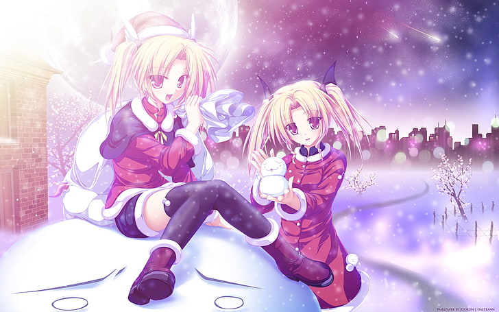 female anime character wearing red and white coat, winter, snow, trees, the city, girls, holiday, the moon, comet, New year, snowman, bag, HD wallpaper