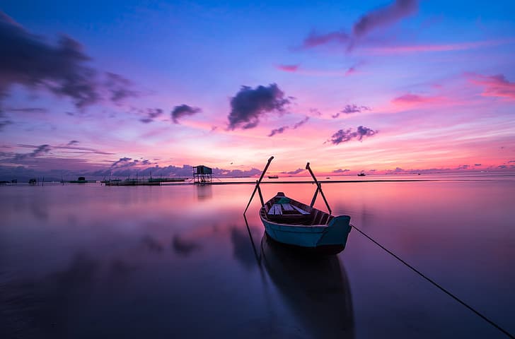 wschód słońca, zachód słońca, łódka, chmury, fioletowe tło, Tapety HD
