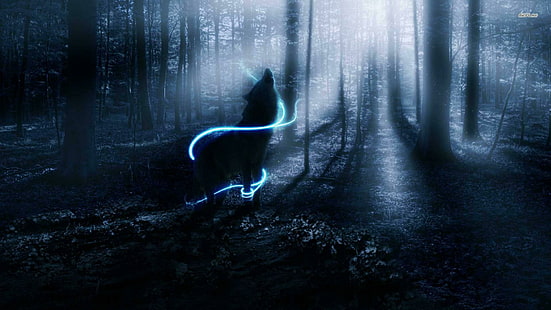 Howling In The Woods, wolf, abstract, animals, fantasy, woods, 3d and abstract, HD wallpaper HD wallpaper