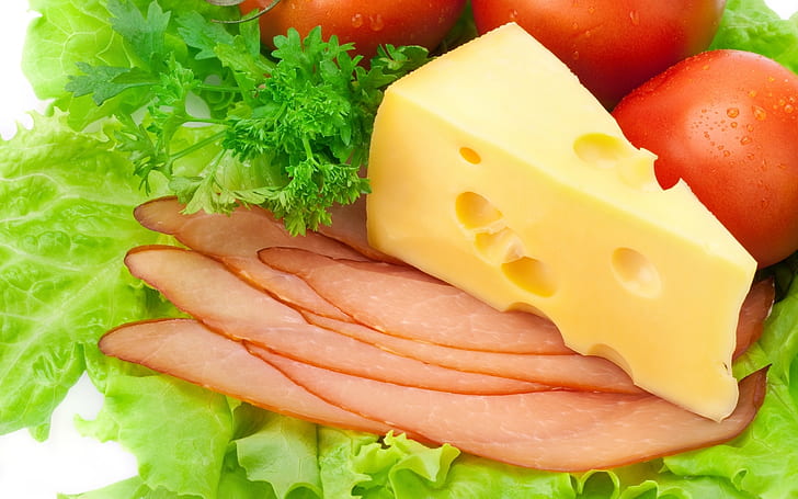 Gesundes Essen, Salat-Cheddar-Käse-Schinken und Tomaten, Tomaten, Käse, Salat, Schinken, HD-Hintergrundbild