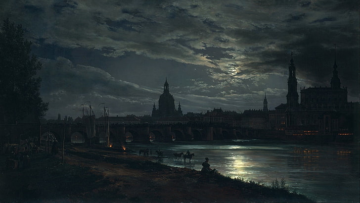 bridge on body of water, road beside river near palace under white clouds dark skies, dark, night, river, bridge, arch, artwork, classic art, painting, J. C. Dahl, Dresden, Germany, cityscape, city, Moon, cathedral, reflection, moonlight, lights, clouds, trees, women, horse, ship, 1831 (Year), HD wallpaper