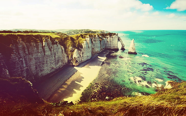 nature, cliff, landscape, coast, New Zealand, sea, HD wallpaper
